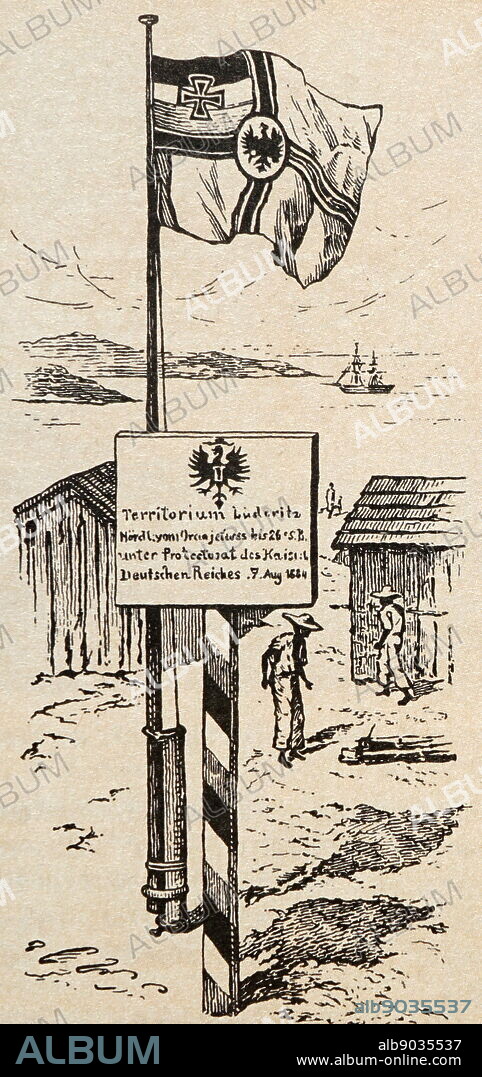 The first territory captured in South-West Africa in 1883-1884 by the commissioners of the Bremen merchant Luderitz. The inscription under the emblem of Germany indicates that the territory is under the auspices of German troops.