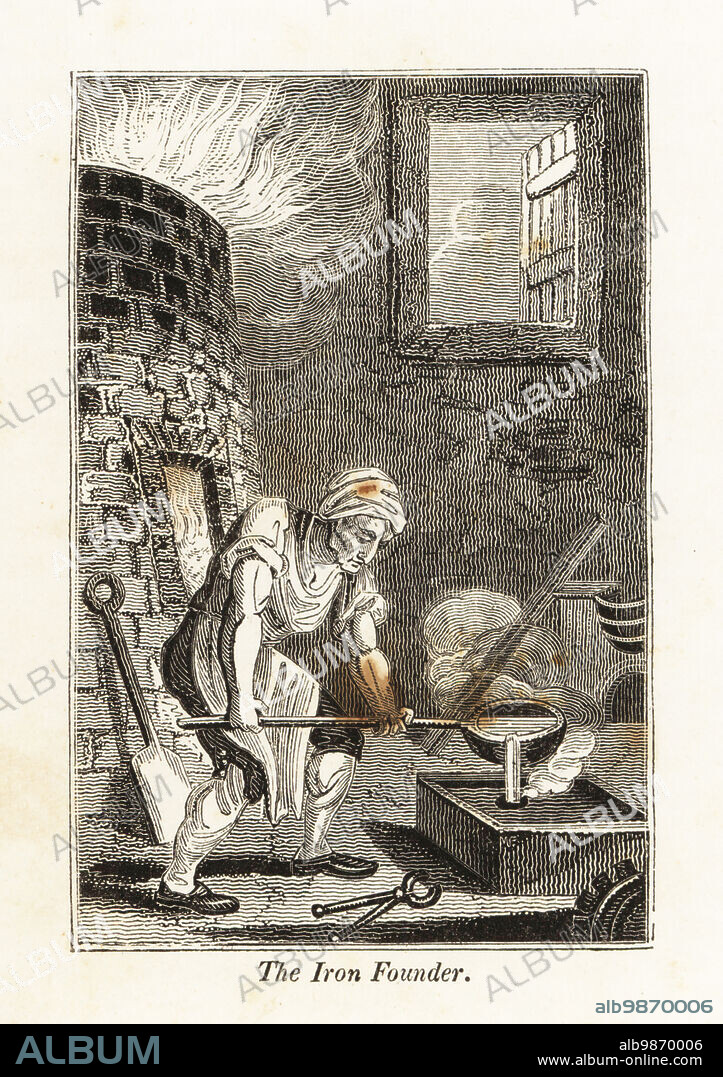 Iron founder in apron and cap using a ladle pouring molten metal into a mould in an ironworks. Flames leap from a furnace behind him. Woodblock engraving from The Book of English Trades, or Library of Useful Arts, F.C.& J. Rivington, London, 1821.