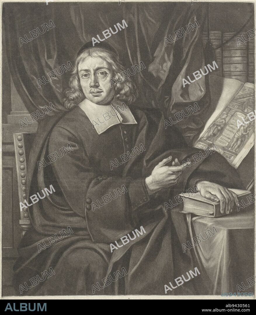 The writer and theologian Johannes Colerus seated at a table and pointing to a book. In the margin his name, titles and a poem of praise for his work. Portrait of Johannes Colerus, print maker: Jacob Gole, (mentioned on object), after: Johannes Voorhout (I), (mentioned on object), publisher: Johannes de Ram, (mentioned on object), Amsterdam, 1689 - 1693, paper, engraving, h 315 mm × w 226 mm.