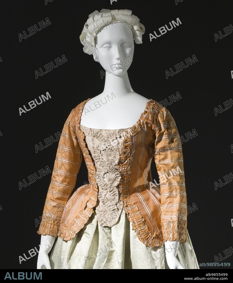 Woman's striped silk sack-back jacket (caraco), Europe, c.1760, altered c.1780. Petticoat: c.1785.