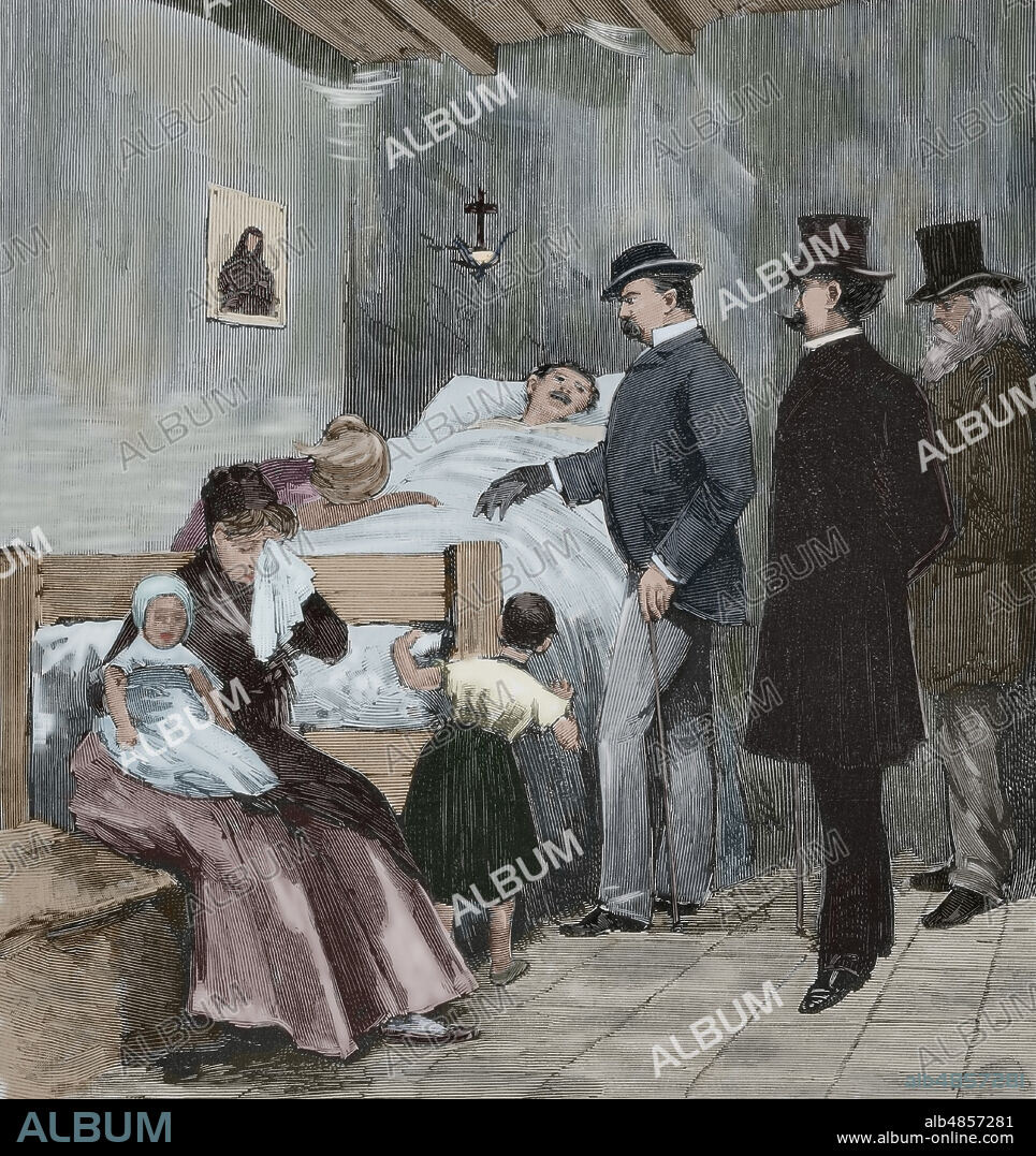 Italia. Nápoles. El cólera. Visita del rey Humberto I de Saboya (1844-1900) a los enfermos del Arrabal. Grabado coloreado. La Ilustración Española y Americana, 1884.