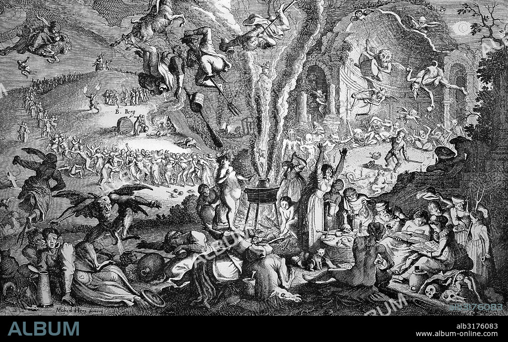The witches' sabbath on walpurgis night on blocksberg mountain, also known as brocken mountain, german copper engraving, 17th century.
