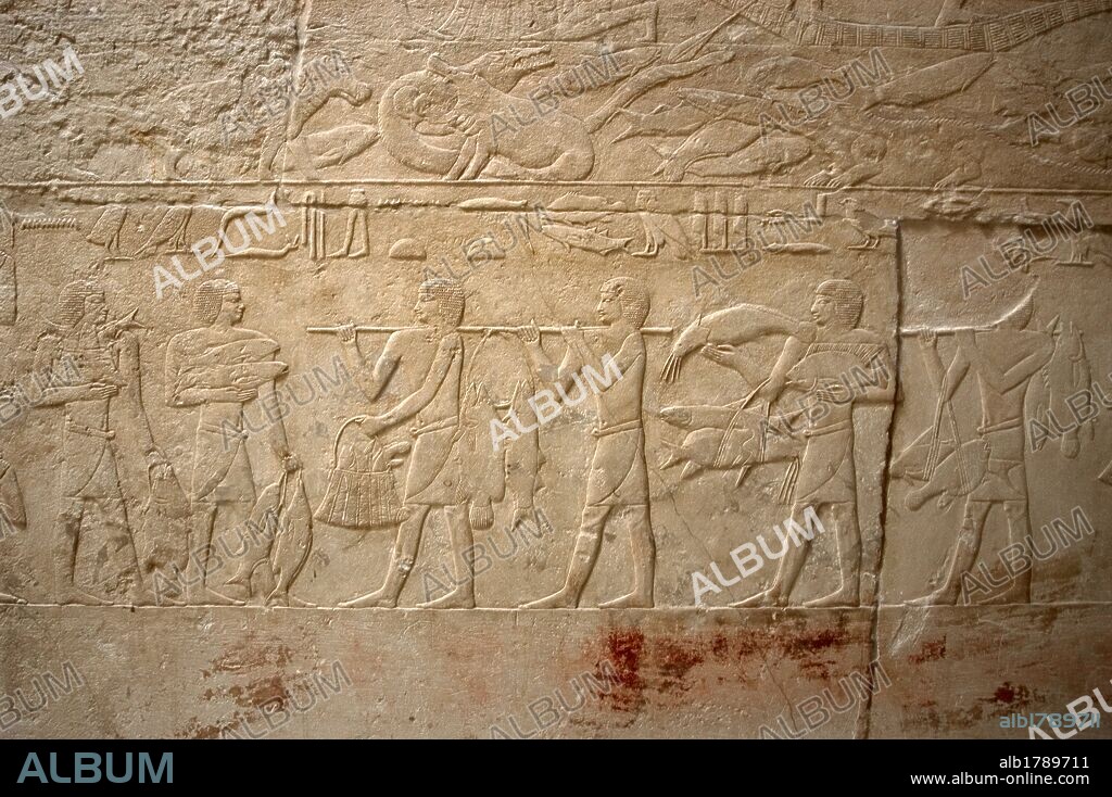 Egypt. Necropolis of Saqqara. Mastaba of Kagemni (2350 BC). Chief Justice and vizier of the Pharaoh Teti. Polychrome relief depicting the fishermen carrying the fishing. 6th Dynasty. Old Kingdom.