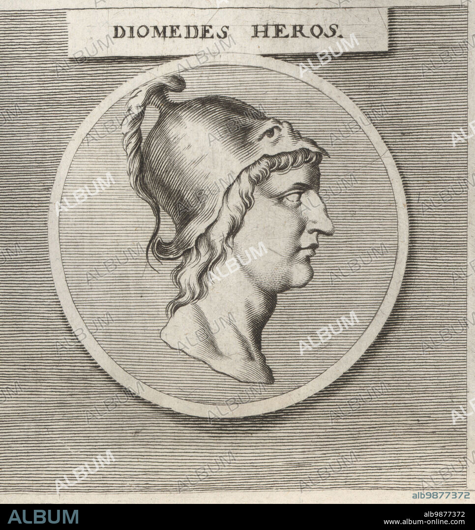Diomedes, son of Tydeus, King of Argos in Greek mythology. One of the main Greek combatants in the Trojan War. Profile of young man in Corinthian helmet with crest. Diomedes Heros. Copperplate engraving after an illustration by Joachim von Sandrart from his LAcademia Todesca, della Architectura, Scultura & Pittura, oder Teutsche Academie, der Edlen Bau- Bild- und Mahlerey-Kunste, German Academy of Architecture, Sculpture and Painting, Jacob von Sandrart, Nuremberg, 1675.