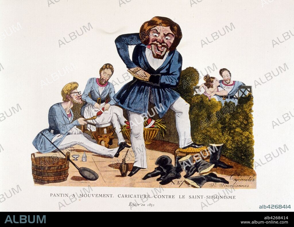 Caricature against Saint-Simonianism, 1830, by Henry-Rene D'Allemagne. Saint-Simonianism was a French political and social movement of the first half of the 19th century, inspired by the ideas of Claude comte de Saint-Simon (1760–1825). Saint-Simon's ideas focused on the perception that growth in industrialization and scientific discovery would have profound changes on society, on the basis of "true equality". circa 1850.