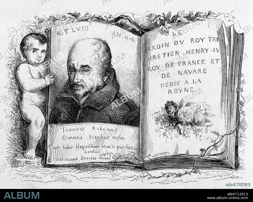 Portrait de Jean ROBIN (1550-1629) en frontispice de son livre 'Le jardin du Roy tres chretien HENRI IV' ecrit en 1601, a propos des plantes qu'il avait rapportes d'Espagne et de Guinee. Credit : Collection KHARBINE-TAPABOR.