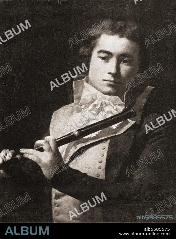 Devienne, François French composer, bassoon and flute player. 31.1.1759 Joinville (Haute-Marne) - 6.9.1803 Charenton. "The Flute Player (F. Devienne) ". Painting, contemporary, by Jacques Louis David (1748-1825). (from a print).