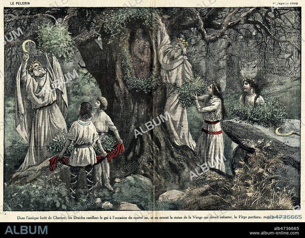 Dans l'antique foret de Chartres, les Druides cueillent le gui a l'occasion du nouvel an, et en ornent la statue de la Vierge qui devait enfanter, la Virgo paritura. Illustration d'Eugene DAMBLANS (1865-1945) pour Le Pelerin du 1er janvier 1922. credit : Collection KHARBINE-TAPABOR.