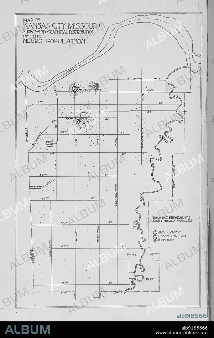 Map of Kansas City, Missouri; Showing geographical distribution on Negro Population, 1913.