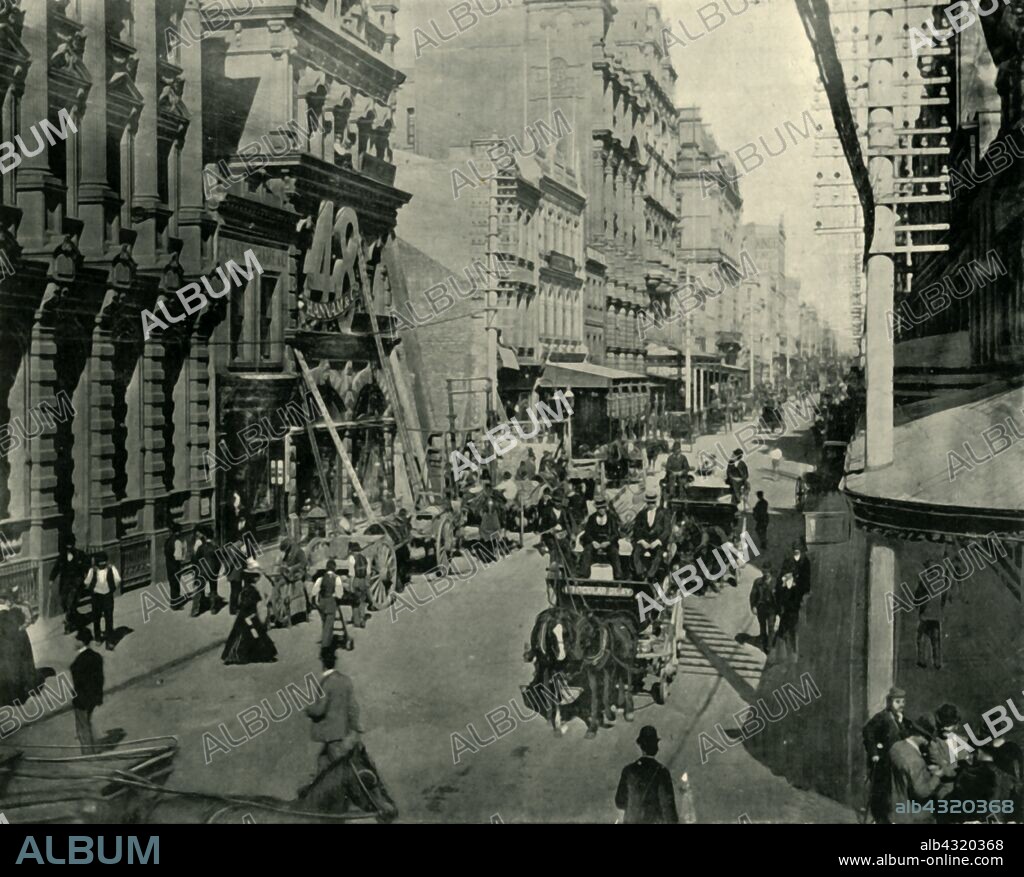 'Pitt Street, Sydney', 1901. Assumed to be named after British Prime Minister William Pitt, the road ended close to water tanks or "pits" excavated in 1791-1792 as a source of fresh water for the colony. From "Federated Australia". [The Werner Company, London, 1901].