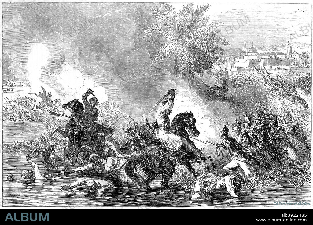 The sortie of the garrison of Jalalabad, Afghanistan, 1842. The British were besieged at Jalalabad by the Afghans under Akbar Khan from October 1841 during the First Afghan War. After reinforcements arrived from India in 1842 the Afghans were heavily defeated in a battle outside the city. A print from Cassell's Illustrated History of England.