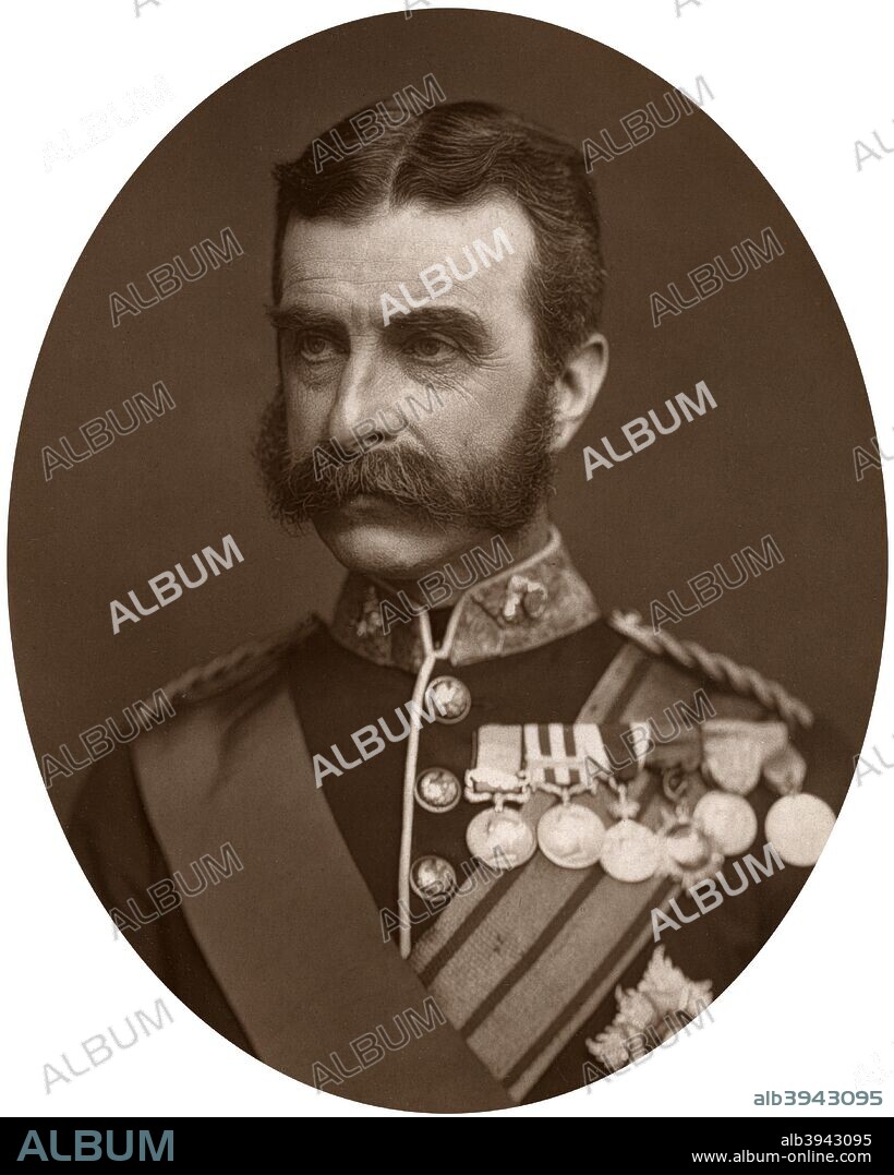 Major-General Lord Chelmsford, British soldier, 1882. Frederick Augustus Thesiger (1827-1905), 2nd Baron Chelmsford, was commander of the British forces that suffered a disastrous defeat by the Zulus at the Battle of Isandhlwana in 1879. From Men of Mark: a gallery of contemporary portraits of men distinguished in the Senate, the Church, in science, literature and art, the army, navy, law, medicine, etc. Photographed from life by Lock and Whitfield, with brief biographical notices by Thompson Cooper. (Conducted by G. C. Whitfield.) (London, 1876-1883).