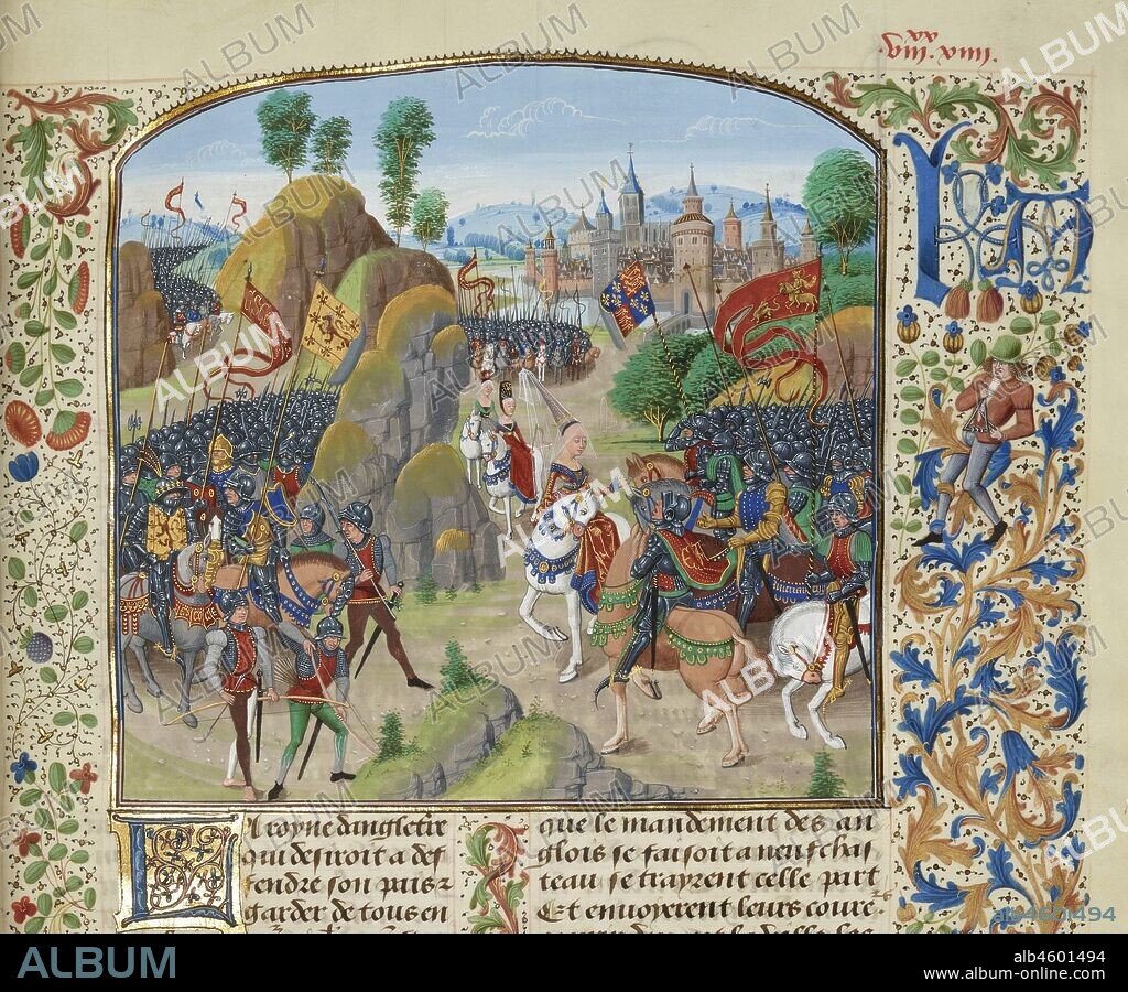LOYSET LIEDET. Queen Philippa of Hainault before the Battle of Neville's Cross on 17 October 1346 (Miniature from the Grandes Chroniques de Fra.