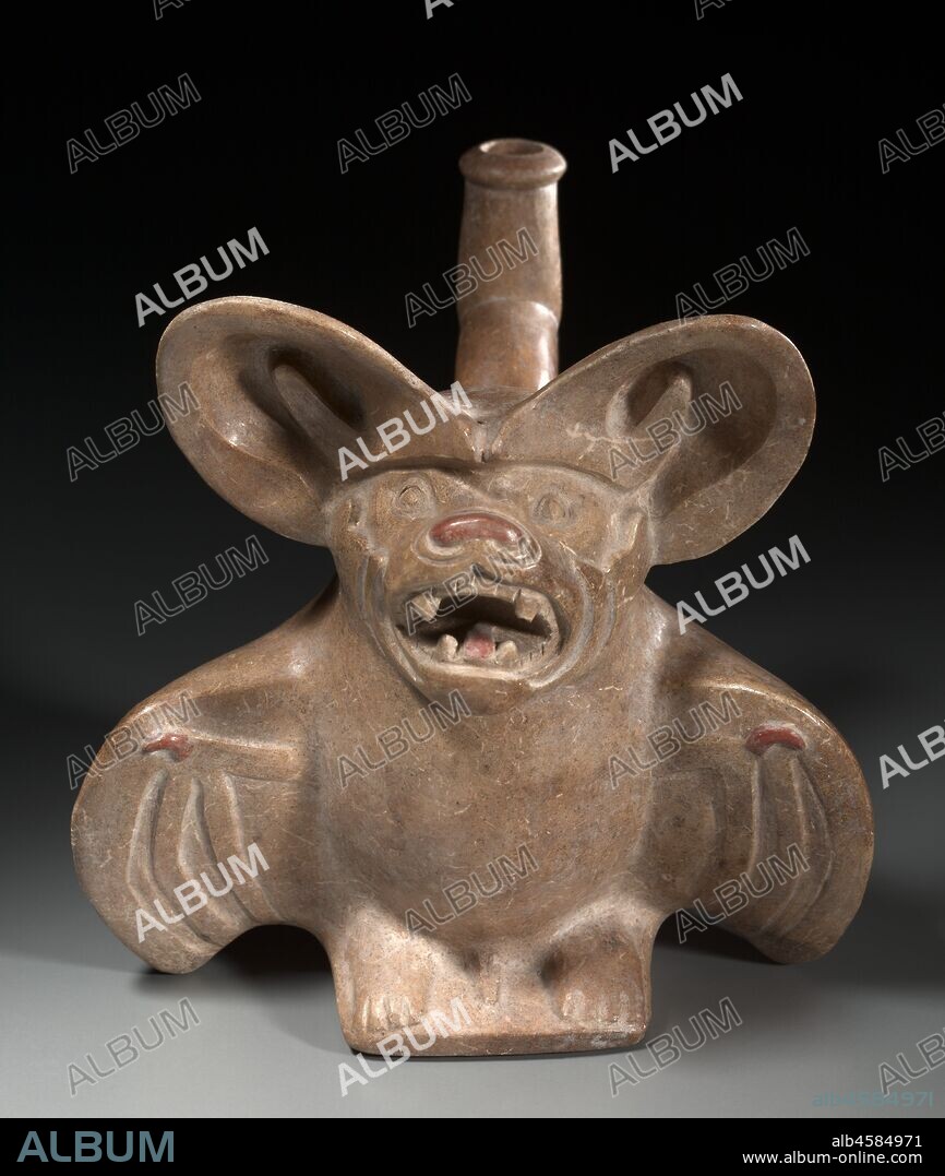 Mastiff (Dog-Faced) Bat Vessel, AD 200-850. The vessel illustrates two principles of the Moche style: keen interest in realism and in capturing activity at its peak. The bat?s head is depicted with great fidelity, and the animal may be portrayed dropping from its roost, just before it opens its wings and takes flight.