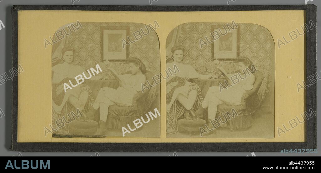 Two seated half-naked women, adult woman, woman (showing herself) undressed, almost nude, anonymous, 1885 - 1920, glass, photographic paper, cardboard, zegel rand, albumen print, h 87 mm × w 174 mm.