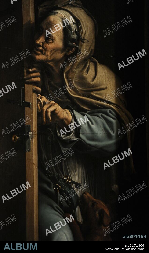 Giulio Romano (1499-1546). Italian painter and architect. Roman school. Love Scene (Two Lovers), 1524-1525. Detail. Old woman behind the door. Oil on canvas. The State Hermitage Museum. Saint Petersburg. Russia.