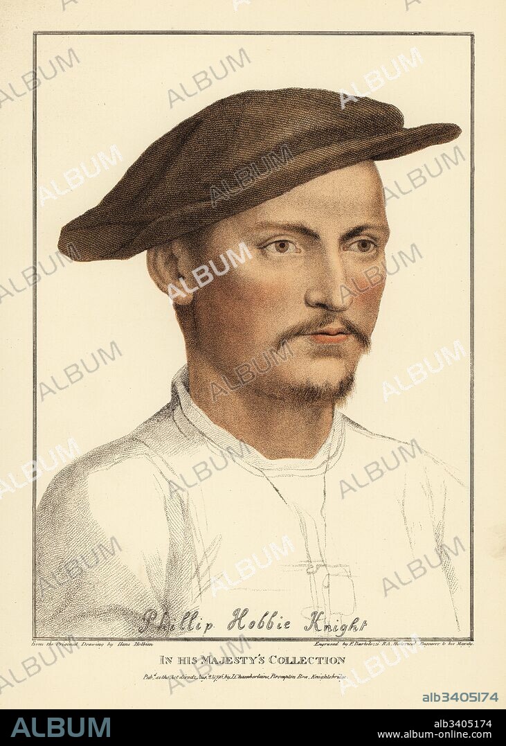 Sir Philip Hobby, English Ambassador to the Holy Roman Empire and Flanders (1505-1558). Handcoloured copperplate engraving by Francis Bartolozzi after Hans Holbein from Facsimiles of Original Drawings by Hans Holbein, Hamilton, Adams, London, 1884.