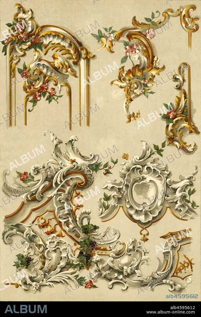 Painted plasterwork, Germany, 18th century, (1898). 'Figs 1-3: Portions of Carved Panelling in the Ducal Castle of Bruchsal [Schloss Bruchsal]. Figs 4-5: Portions of Plaster Ceiling in the same room. Drawn by H. Eberhardt, Stuttgart'. The Baroque palace of Schloss Bruchsal (also called the Damiansburg) in the state of Baden-Württemberg, was built in the first half of the 18th century by Damian Hugo Philipp von Schönborn, Prince-Bishop of Speyer. Plate 82a from "The Historic Styles of Ornament" translated from the German of H. Dolmetsch. [B.T. Batford, London, 1898].