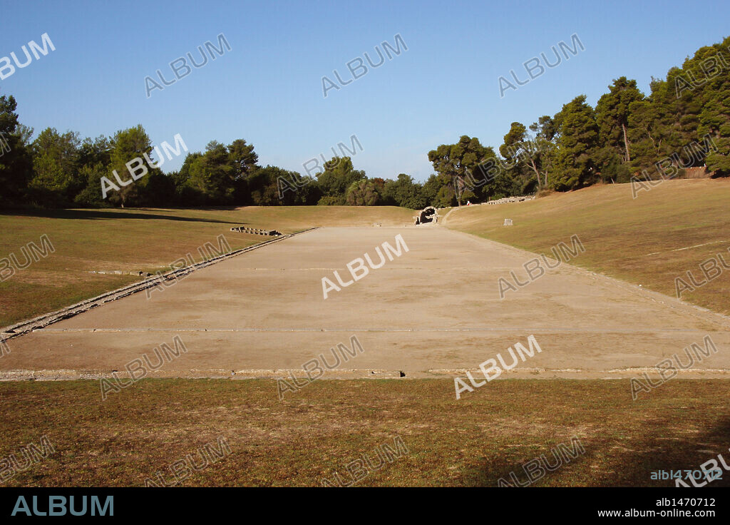 Greek Art. Sanctuary of Olympia. Panorama of the ancient Olympic Stadium. The east of archaelogical site.  Elis. Peloponesse. Greece. Europe.