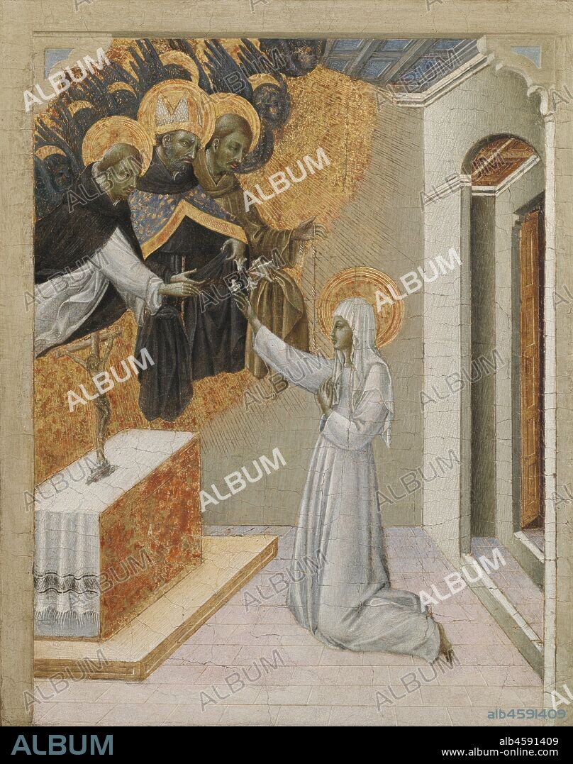 Predella Panel from an Altarpiece: St. Catherine of Siena Invested with the Dominican Habit, 1460s. Saint Catherine (1347-1380) was the daughter of a prosperous Sienese cloth dyer. At the age of six, she saw a vision of Christ and thereafter dedicated herself to chastity, penance, and good works. She became extremely popular in Siena when she selflessly cared for the sick and dying victims of the bubonic plague, known as the Black Death. These panels were once part of a predella (or pedestal) of a large altarpiece painted for the Hospital Church of Siena. The main scene of this altarpiece, showing the Presentation of Christ in the Temple (now preserved in Siena) was ordered by the Pork Butchers Guild (the Pizzicaiuoli) in 1447. The predella was added later when Catherine was canonized in 1461. In the first panel she kneels before an altar and reaches up to choose from the monastic garments offered by Saints Dominic, Augustine, and Francis, all founders of religious orders. Catherine takes the habit of Saint Dominic, which she wore as the founder of the Sisters of Penance. The second panel shows, at the right, Saint Catherine giving her cloak to a threadbare beggar. The beggar was really Christ in disguise, and at the left he returns the cloak to her. For this act of charity, the cloak perpetually protected its wearer from the cold.