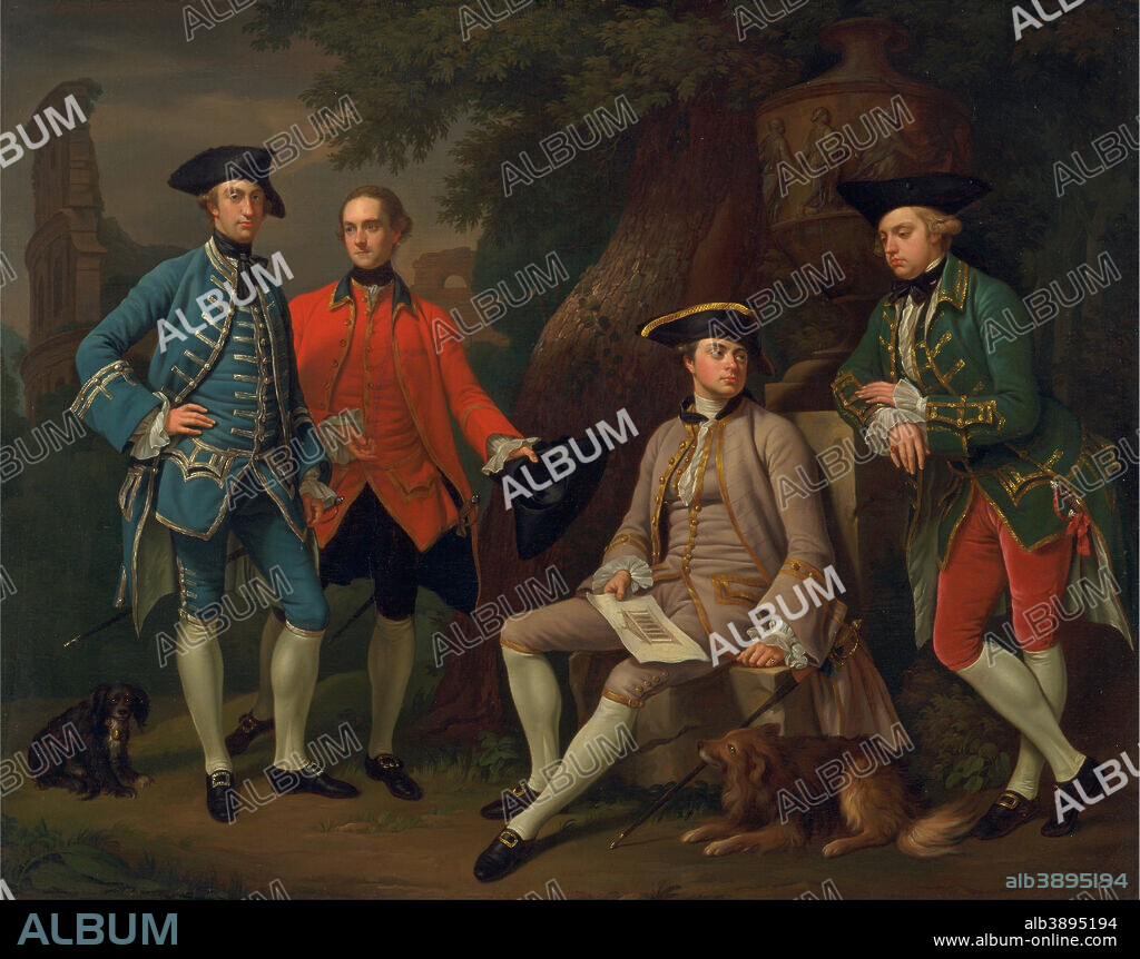 NATHANIEL DANCE-HOLLAND. James Grant of Grant, John Mytton, the Hon. Thomas Robinson, and Thomas Wynne. Date/Period: Ca. 1760. Painting. Oil on canvas. Height: 981 mm (38.62 in); Width: 1,238 mm (48.74 in).