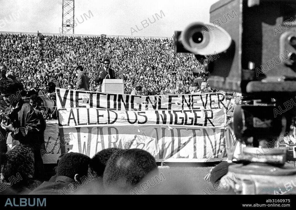 San Francisco, California: c. 1970. A Black Panther speaking at an anti Vietnam war rally.