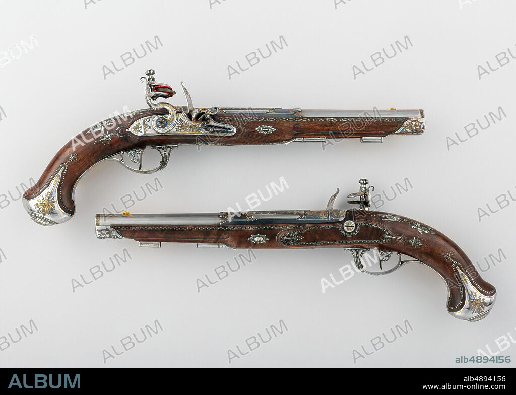 Tula Arms Factory, Pair of Flintlock Pistols made for Grand Duke Constantine Pavlovich of Russia (17791831), Russian, Tula, Tula Arms Factory (Russian, Tula, 1712Present), ca. 1801, Tula, Russian, Tula, Steel, silver, gold, wood, L. of each pistol 15 in. (38.8 cm); L. of each barrel 9 3/16 in. (23.3 cm); Cal. of each barrel 9/16 in. (15 mm); Wt. of pistol (a) 1 lb. 13 oz. (821 g); Wt. of pistol (b) 1 lb. 14 oz. (845 g), Firearms-Pistols-Flintlock.