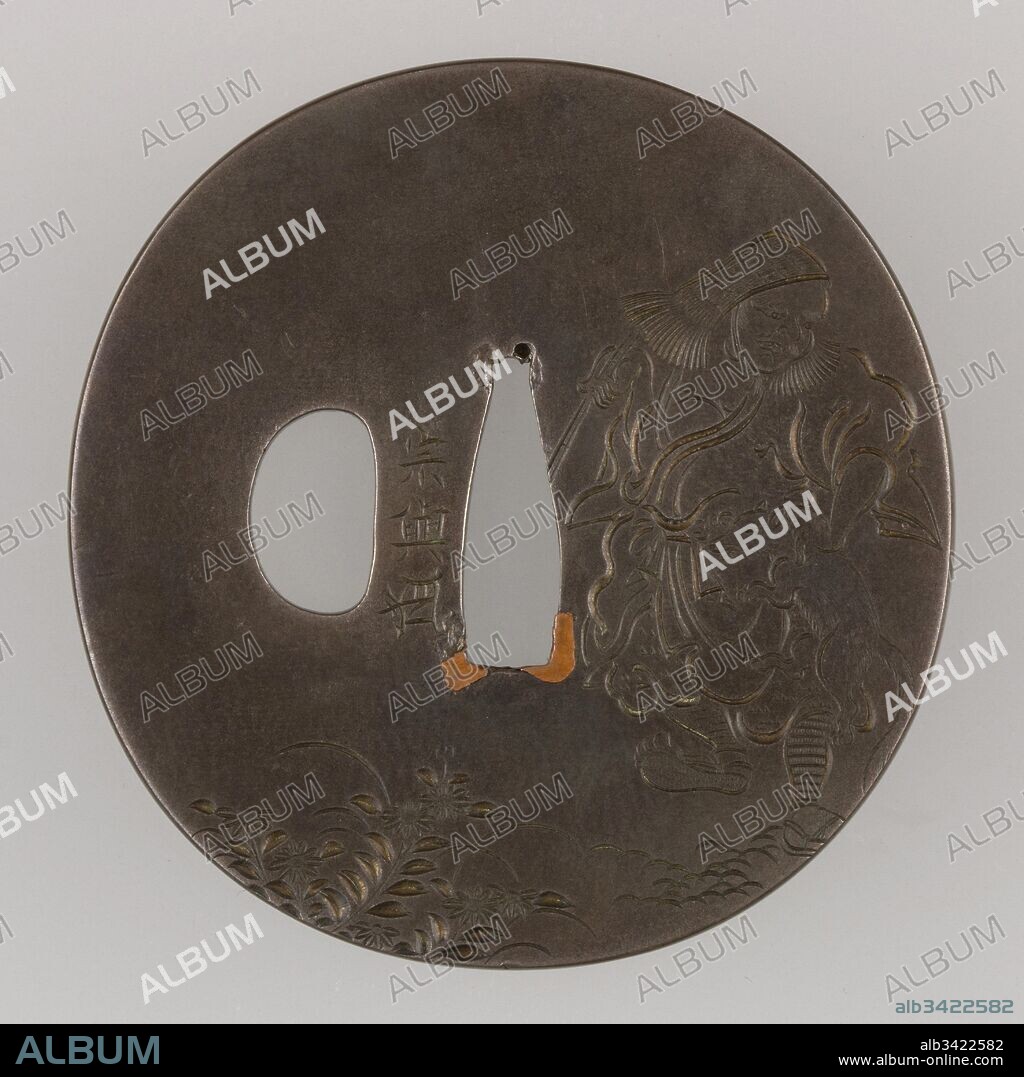 Sword Guard (Tsuba), 18th century, Japanese, Copper-silver alloy (shibuichi), copper, H. 2 7/8 in. (7.3 cm); W. 2 3/4 in. (7 cm); thickness 3/16 in. (0.5 cm); Wt. 5.3 oz. (150.3 g), Sword Furniture-Tsuba.