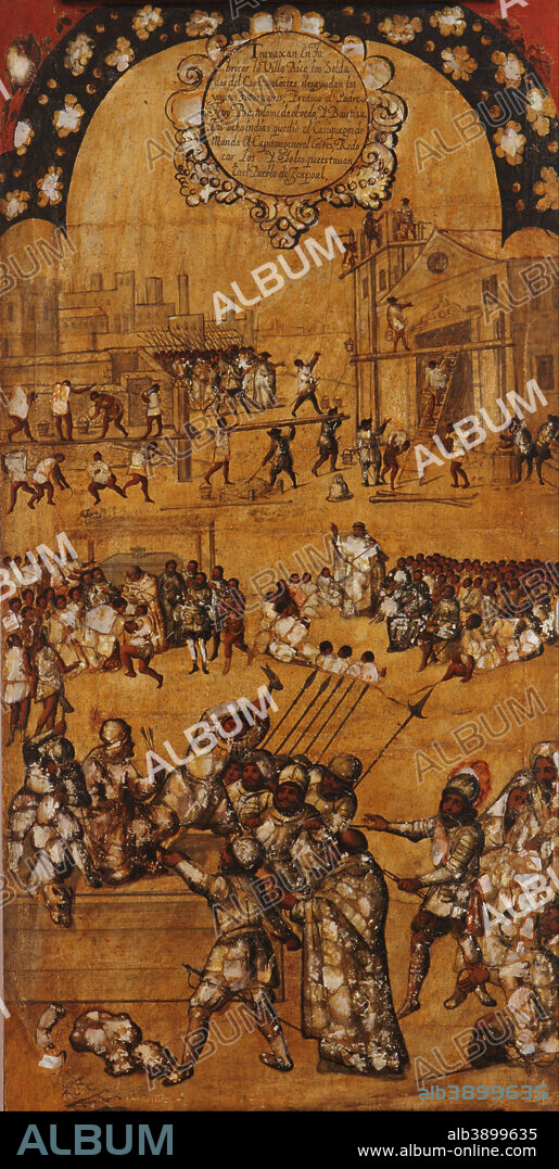 MIGUEL GONZALES. "La Conquista de México" -- panel 4. Date/Period: Last quarter XVII century. Painting. Height: 1,000 mm (39.37 in); Width: 520 mm (20.47 in).