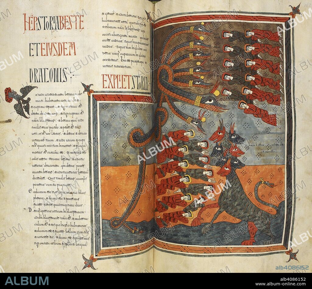 PETRUS, BEATUS OF LIÃ©BANA and DOMINICUS. The seven-headed dragon and the beast from the sea with their worshippers. Silos Apocalypse. Spain (Silos), 1109. Source: Add. 11695, ff.151v-152. Language: Latin.