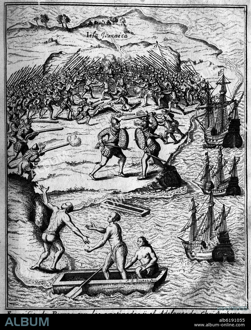HERRERA Y TORDESILLAS ANTONIO. FRANCISCO DE PORRAS CON LOS AMOTINADOS Y EL ADELANTADO CRISTOBAL COLON PELEAN EN LA PRIMERA BATALLA ENTRE CASTELLANOS E INDIOS- GRABADO.