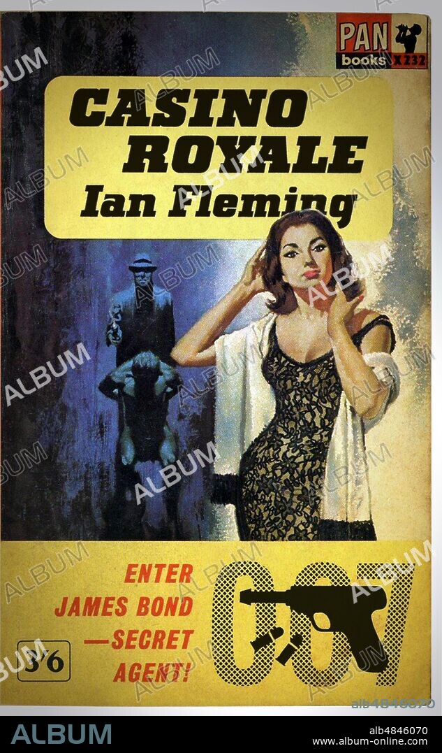 YELLOW Cover of the book 'Casino Royale' by Ian Fleming (1908 - 1964), the first novel, written in 1953, in which appears the agent of the British secret services 'with license to kill'. Pan Books Ltd. edition, London, 1963.