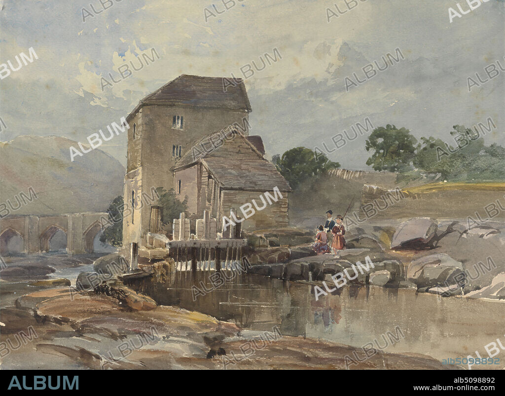 The Bridge at Llangollen, William James Muller, 18121845, British, undated, Watercolor, graphite, gum arabic, and gouache on thick, rough, cream wove paper, Image: 10 9/16 x 14 5/16 inches (26.8 x 36.4 cm), architectural subject, bridge (built work), children, landscape, river, Cymru, Denbighshire, Llangollen, United Kingdom, Wales.