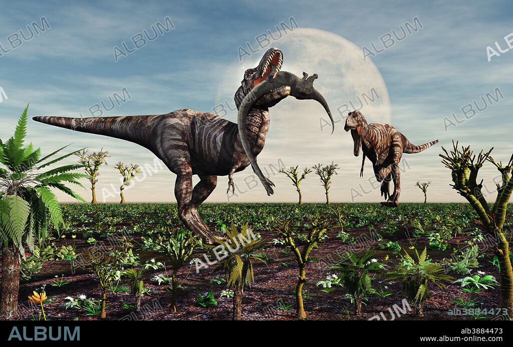 Tyrannosaurus Rex with a freshly killed young sauropod dinosaur.