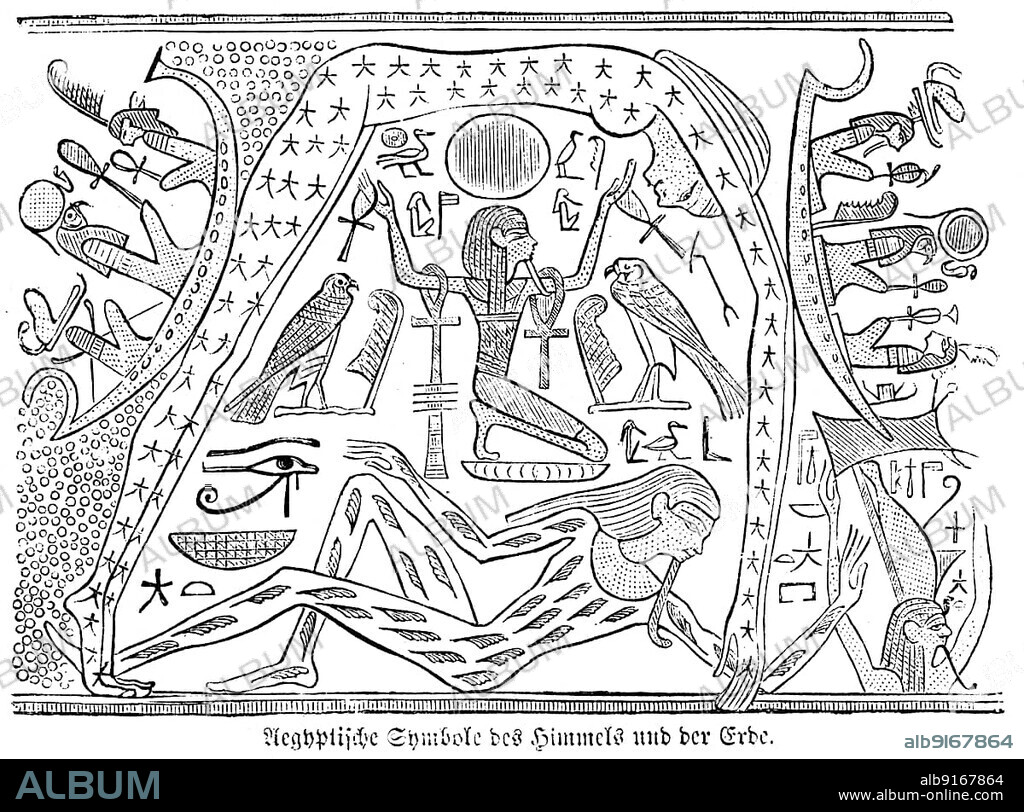 Egyptian symbols of heaven and earth, hieroglyphics, people, ships, birds, Bible, Old Testament, First Book of Moses, Egypt, historical illustration 1850, Africa.