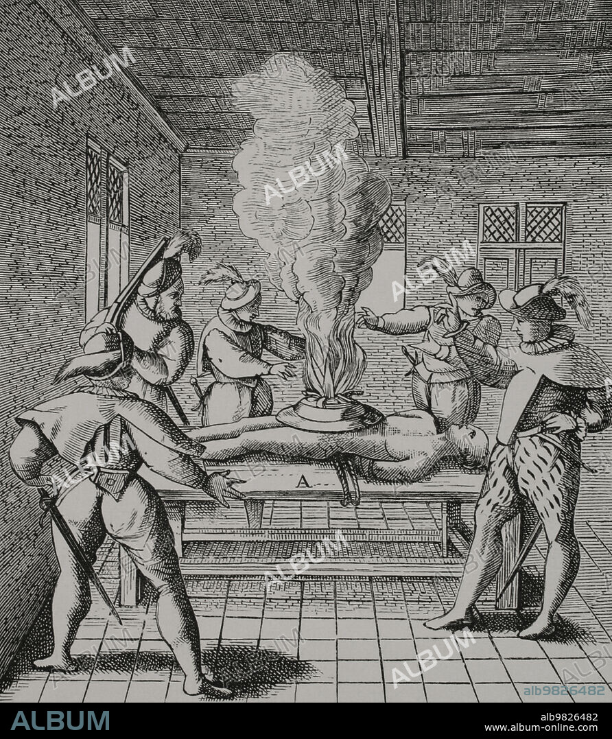 Revolt of the Sea Beggars. From 1566 onwards, the inhabitants of the Netherlands who opposed the Spanish administration of Philip II are known as Geuzen. Cruelties against Catholics committed by Dutch Geuzen. Jean-Jerome von Edam and other Catholics in the town of Hoorn are tortured. Those who survive the first torments are tied up and laid on their backs, with a large cauldron placed on their bare bellies, upside down, with live dormice inside. The fire lit in the cauldrons enraged the dormice who, to save themselves, gnawed the stomachs and rummaged in the entrails of the tortured. 19th-century facsimile after an engraving in "Theatrum Crudelitatum Haereticorum Nostri Temporis", Antwerp, 1587. "La Vie Militaire et Religieuse au Moyen Age et à l'Epoque de la Renaissance" by Paul Lacroix. Paris, 1877.