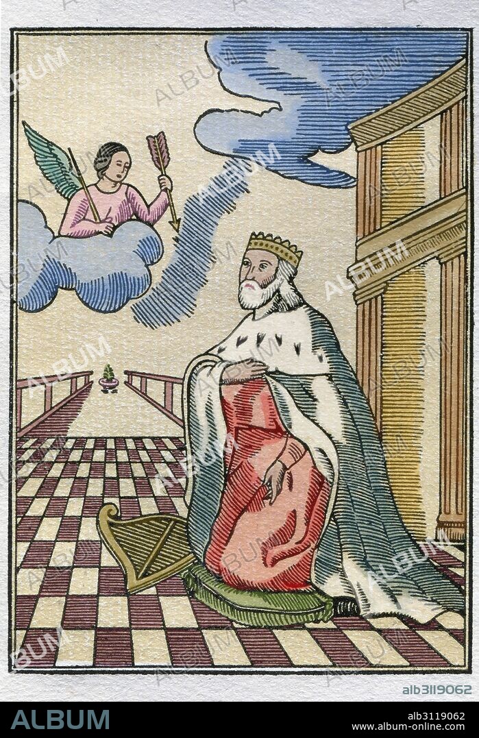 LITERATURA CATALANA. SIGLO XV. ROIS DE CORELLA, Joan (1433/43-1497). Humanista y poeta valenciano de la segunda mitad del siglo XV. "PSALTERI" (Tresladat de latí en romanç per lo reverent mestre corella). Versión impresa en Venecia en el año 1490 por Johan Hertezog. Grabado perteneciente a la obra. Coloreado.
