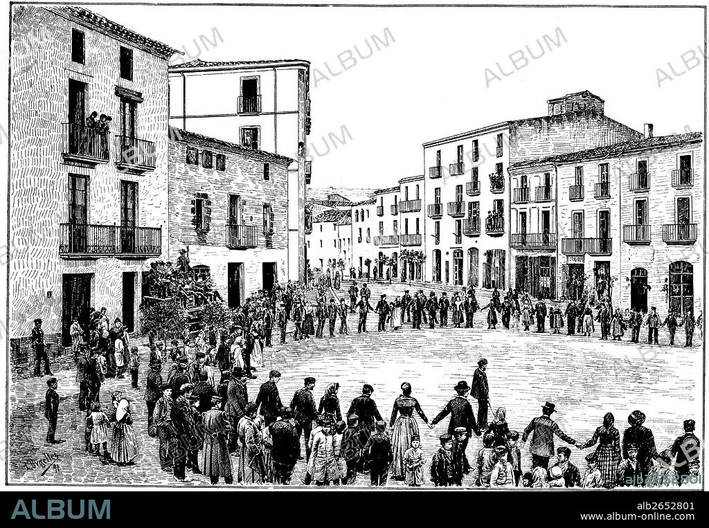 Catalunya. Folclore. Baile de la sardana en un pueblo de Girona. Dibujo de L. Urgellés. Grabado de 1891.
