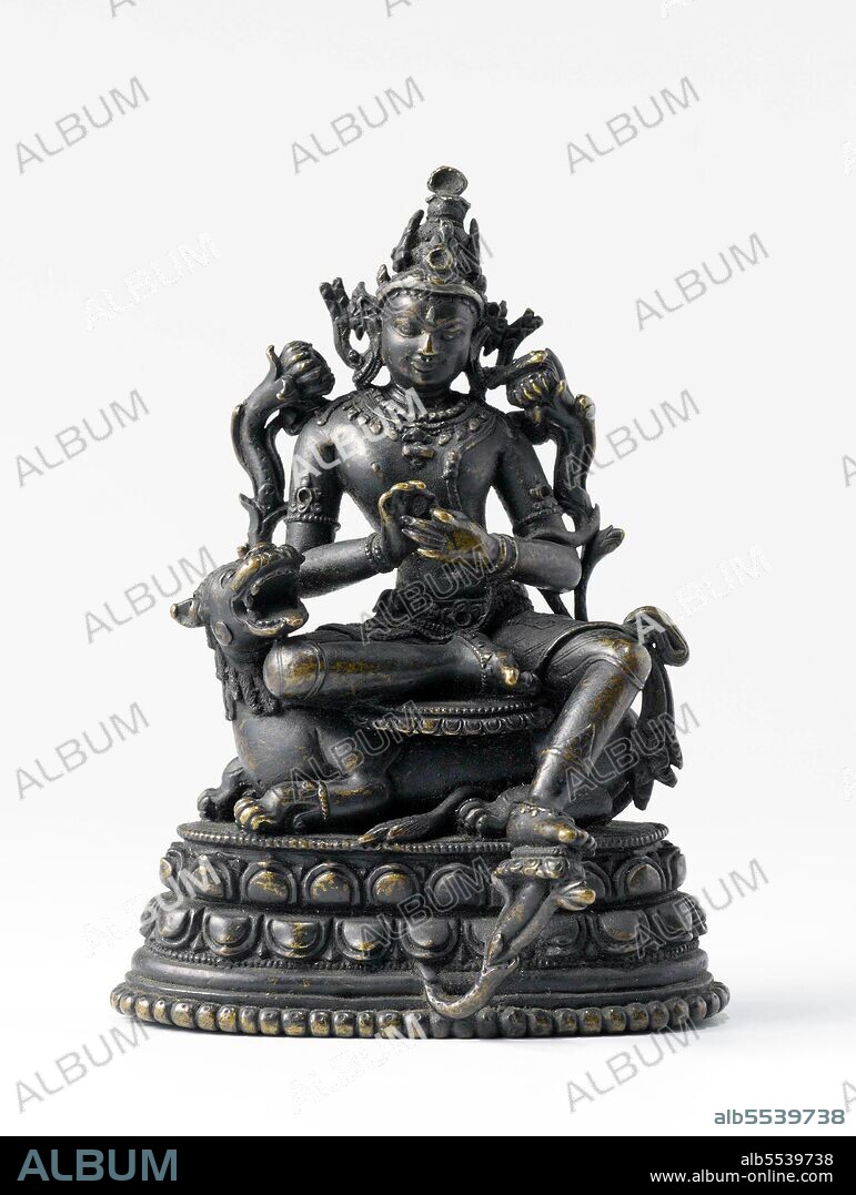 The Pala Empire, one of the major middle kingdoms of India, existed from 750–1174 CE. It was ruled by a Buddhist dynasty from Bengal in the eastern region of the Indian subcontinent, all the rulers bearing names ending with the suffix Pala. Manjushri is seated on his mount, a lion. His relaxed pose, with one leg hanging down, is called lalita-asana and is often found in images of bodhisattvas. On the water lily to the right of Manjushri’s head is his attribute – the book, a symbol of wisdom. Manjushri is making the gesture to set the wheel of doctrine in motion, the dharmacakra mudra.
