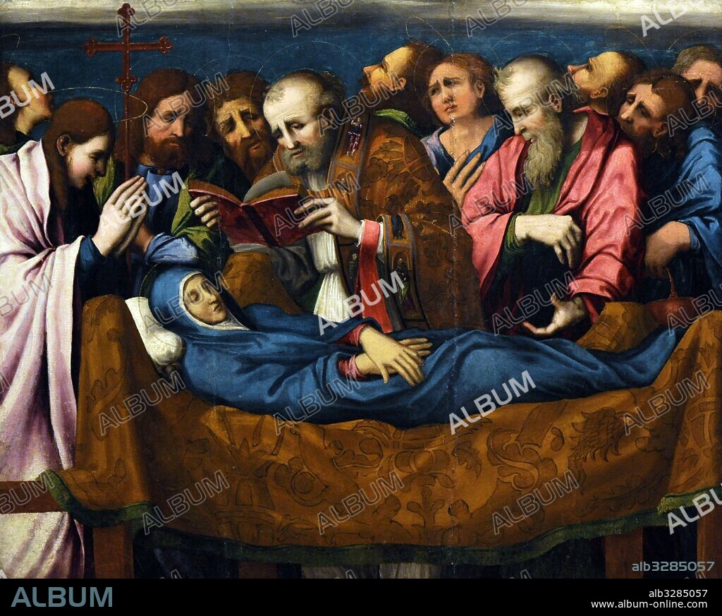 Marco Cardisco también conocido como Marco Calabrese (1486-1542). Pintor italiano del Renacimiento. "Adormición de la Virgen", 1535-40. Oleo sobre tabla. Museo de Capodimonte, Nápoles. Italia.