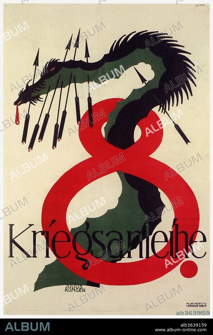 Large numeral eight with a dragon stabbed with arrows. Julius Klinger (May 22, 1876 – 1942) was an Austrian Painter, draftsman, illustrator, commercial graphic artist, typographer and writer., Julius Klinger, 1918.