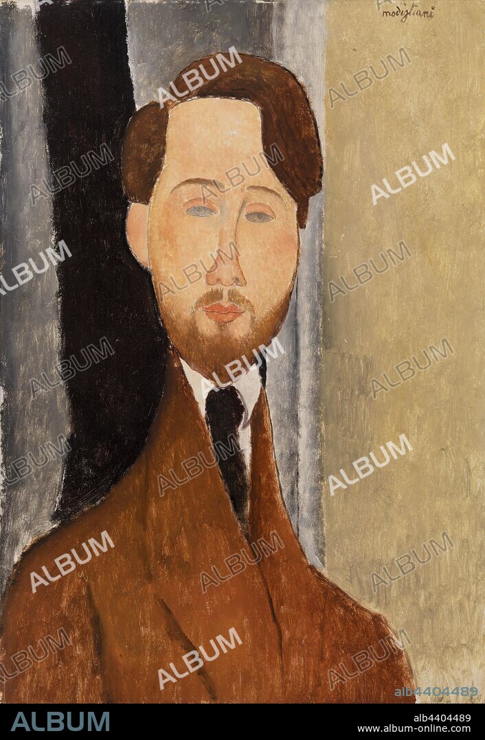 Amedeo Modigliani: Léopold Zborowksi, Amedeo Modigliani, 1919, Oil on canvas, Leopold Zborowski was a Polish-born artist, poet, and art dealer who moved to Paris in 1913. He began acting as Modigliani's manager in 1916, commissioning and selling his works and turning a large room in his apartment into a studio for the artist. Modigliani painted three portraits of Zborowski. In this one, the last of the three, we see the stylized features that are characteristic of Modigliani's work: an elegantly elongated neck, icy-blue eyes, a prominent, narrow nose, and a small mouth set within a heart-shaped face. Positioned in an ambiguous interior space, there is little to distract from the dealer's pensive stare; the up-close presentation also suggests the intimate personal relationship between Modigliani and his sitter., Overall: 21 3/4 x 15 3/16 in. (55.2 x 38.5 cm).