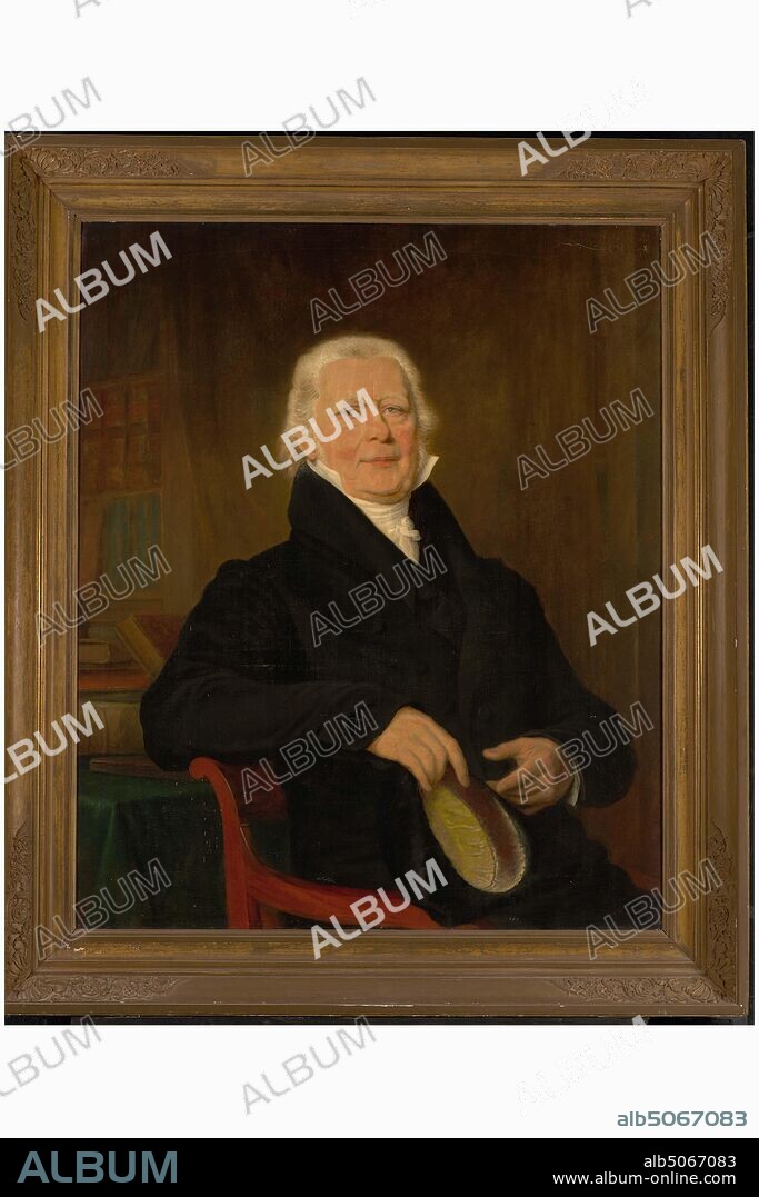 painting, Louis Moritz, ca. 1840, canvas, oil paint, painted, Carrier: 102.5 × 85 × 2cm (1025 × 850 × 20mm), With frame: 124.3 × 106.5 × 10 , 3cm (1243 × 1065 × 103mm), man's portrait, Portrait of a man: Godefridus Joannes Schacht. He is depicted up to the knees, turned a little to the right and looking at the viewer. He is in an armchair. He holds a yellow-lined headgear in the right hand; with his right elbow he leans on the back of the armchair. He has gray hair and is wearing a black skirt with a white pointed collar. To the left behind him is a green-covered table with books and a bookcase. Not signed. The painting is in a gilded wooden frame, 1882.
