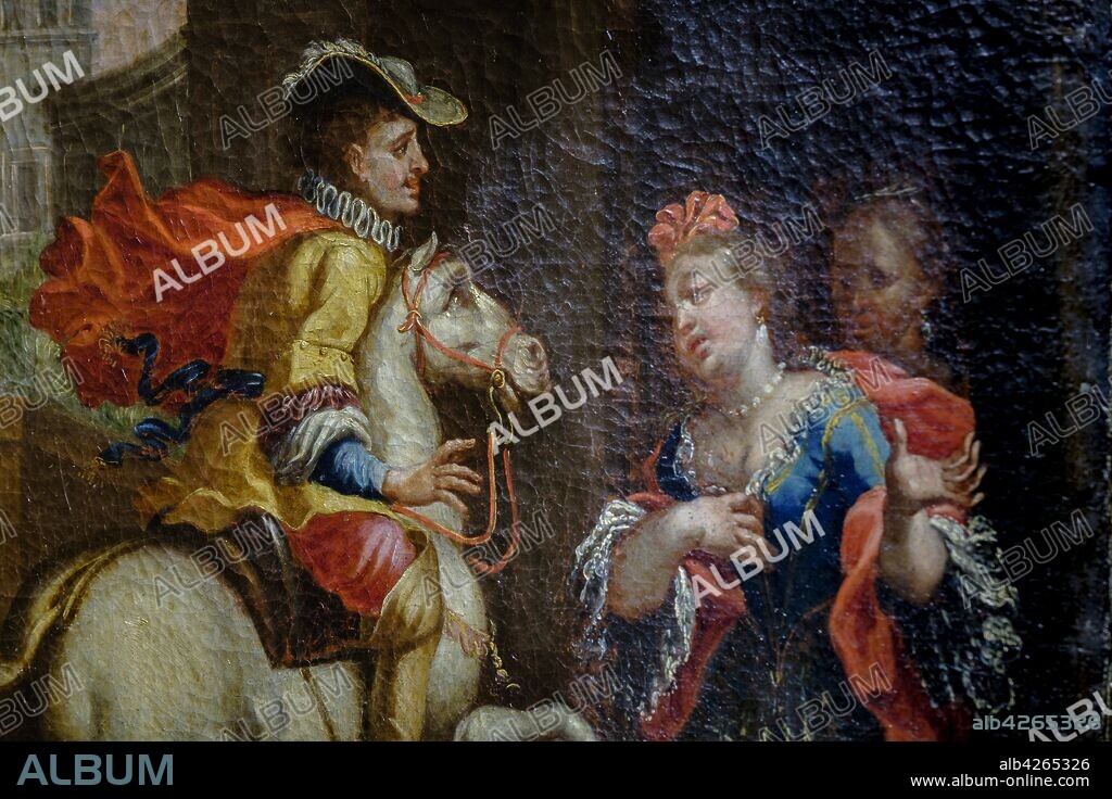 Ramón Llull joven montado a caballo, en la iglesia de Santa Eulàlia persiguiendo a una dama. retablo barroco dedicado a Ramon Llull, Iglesia de San Miguel ,Mallorca, balearic islands, Spain.