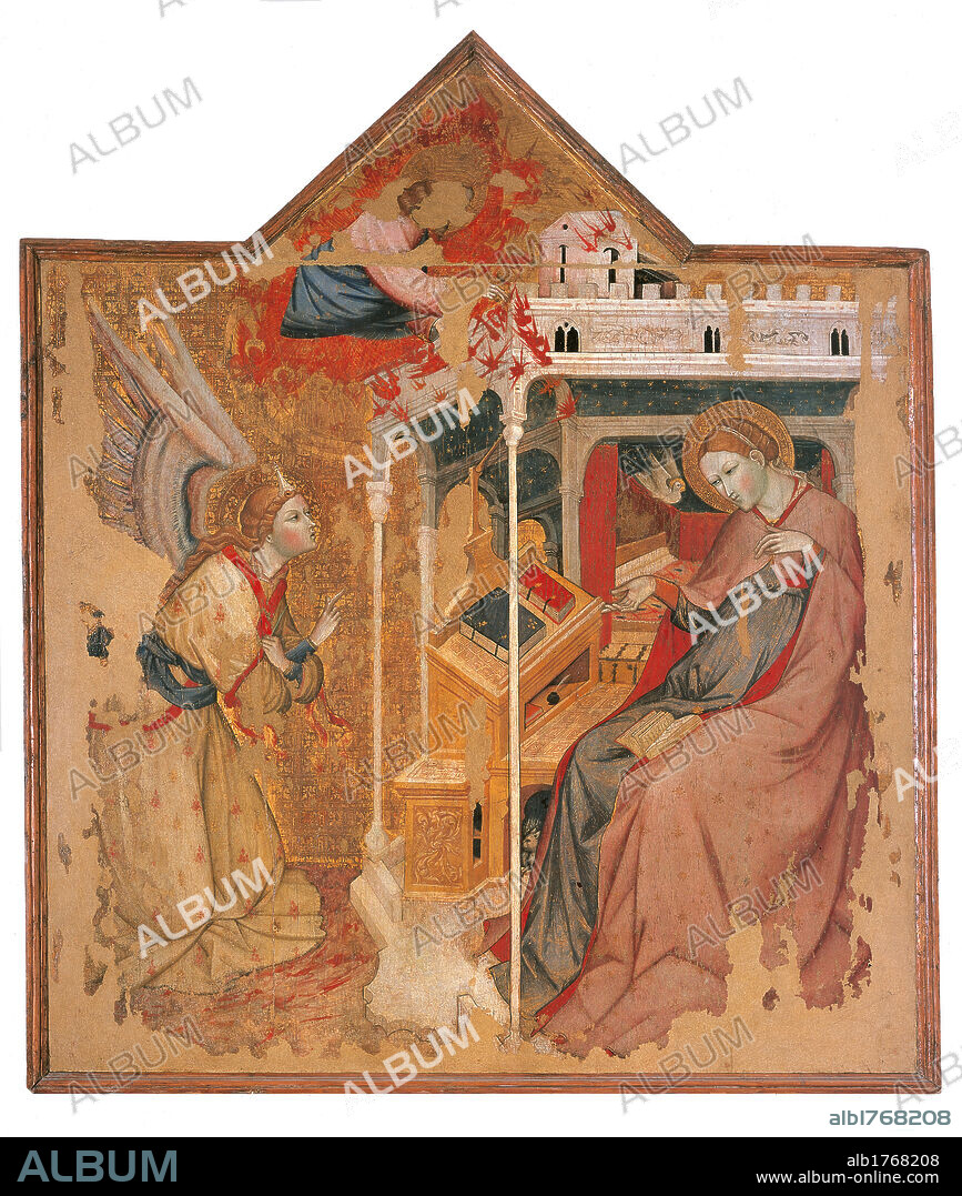 The Annunciation, by Olivuccio di Ciccarello da Camerino, Carlo da Camerino, 1396 about, 14th Century, panel, cm 185 x 158. Italy, Marche, Pesaro Urbino, Urbino, Palazzo Ducale, Galleria Nazionale delle Marche Italy. Recently the catalogue attributed to Carlo da Camerino has been returned to Olivuccio di Ciccarello. All. Annunciation Archangel Gabriel Madonna Maria lectern gold red. Authorization required for non editorial use.