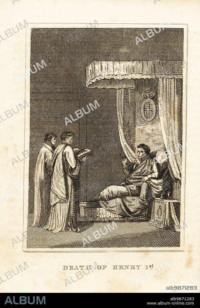 Death of King Henry I of England after a surfeit of lampreys in Rouen, 1135. The king lies on his death bed while Archibishop Hugh of Amiens gives the last rites. Death of Henry 1st. Copperplate engraving from M. A. Jones History of England from Julius Caesar to George IV, G. Virtue, 26 Ivy Lane, London, 1836.