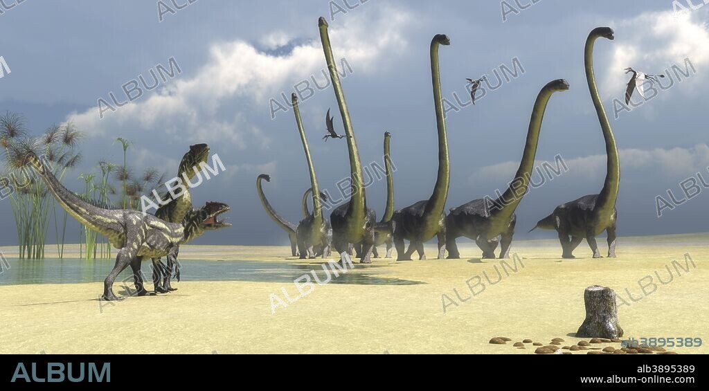 Three Dorygnathus flying reptiles watch as two Allosaurus predators prepare for an attack on a herd of Omeisaurus dinosaurs.
