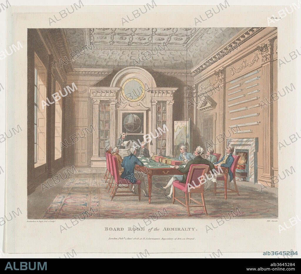 Board Room of the Admiralty (Microcosm of London, plate 3). Artist: Designed and etched by Thomas Rowlandson (British, London 1757-1827 London); Designed and etched by Auguste Charles Pugin (British (born France), Paris 1768/69-1832 London); Aquatint by John Hill (American (born England), London 1770-1850 Clarksville, New York). Dimensions: Sheet: 9 3/4 × 11 1/2 in. (24.8 × 29.2 cm)
Plate: 9 1/2 × 11 1/4 in. (24.2 × 28.5 cm). Publisher: Rudolph Ackermann, London (active 1794-1829). Series/Portfolio: Microcosm of London. Date: January 1, 1808.