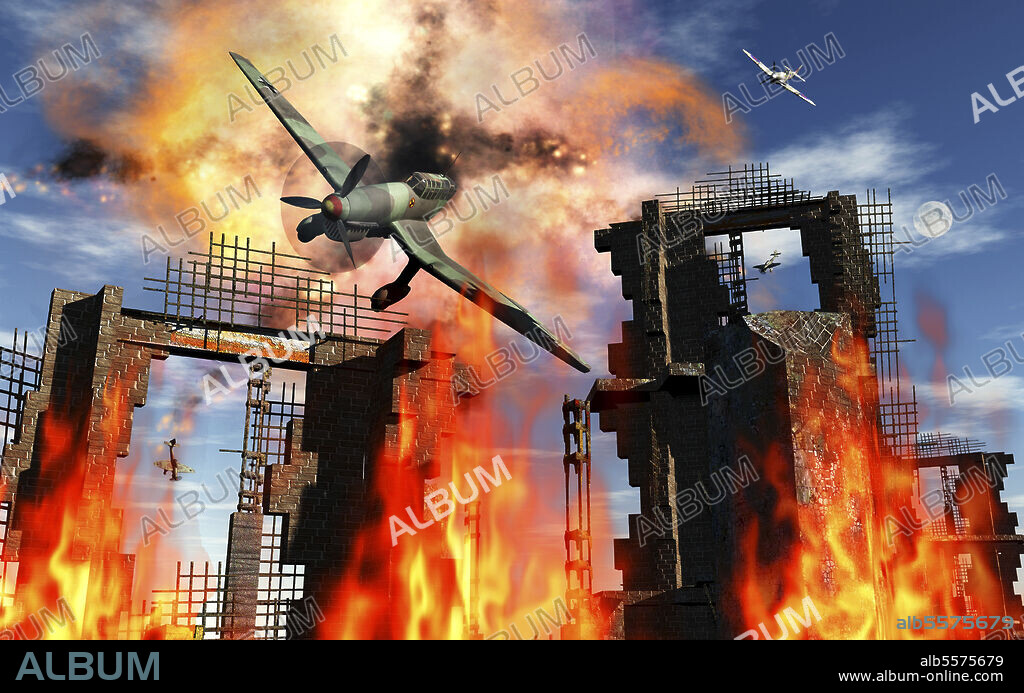 A German Ju 87 Stuka dive bomber is shot down while attacking a city during World War II.
