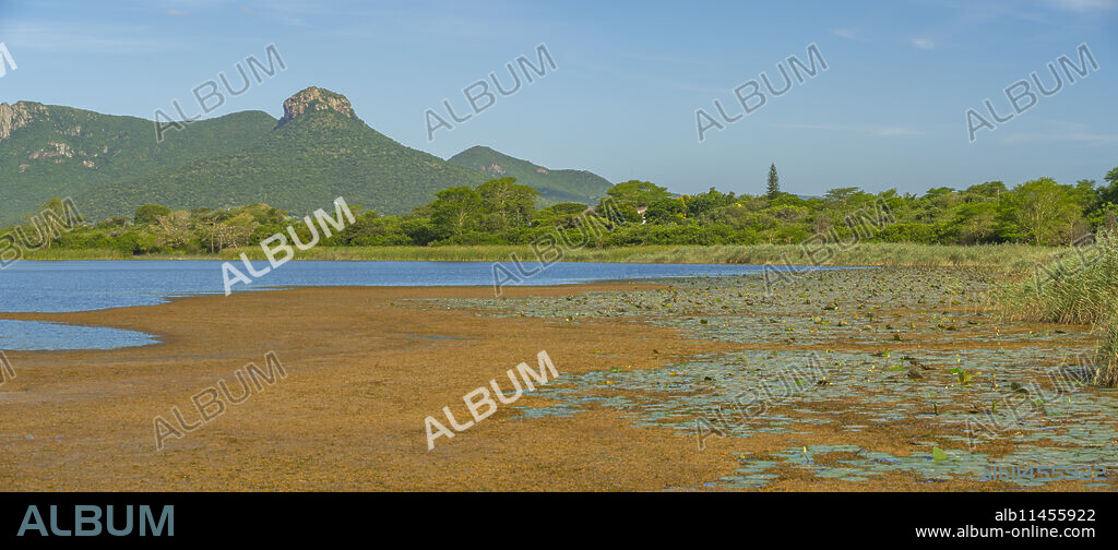 View of Jet lake and Ubombo Mountain from Ghost Mountain Inn, Mkuze, KwaZulu-Natal Province, South Africa, Africa.